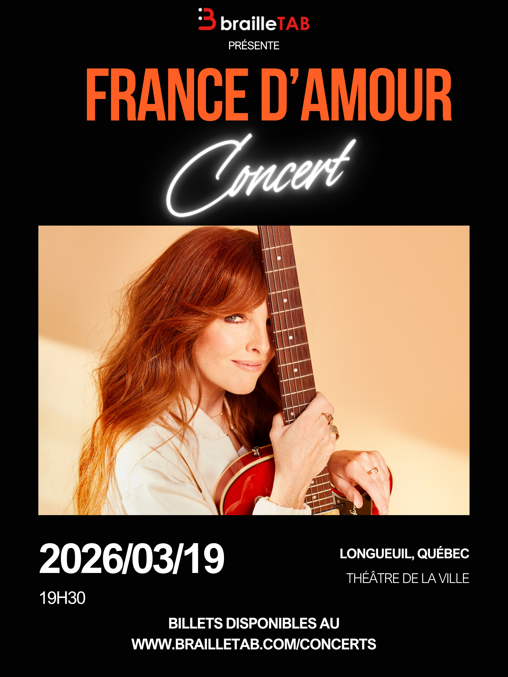 Image de France D’Amour annonçant le concert bénéfice du 19 mars 2026 au Théâtre de la Ville de Longueuil.